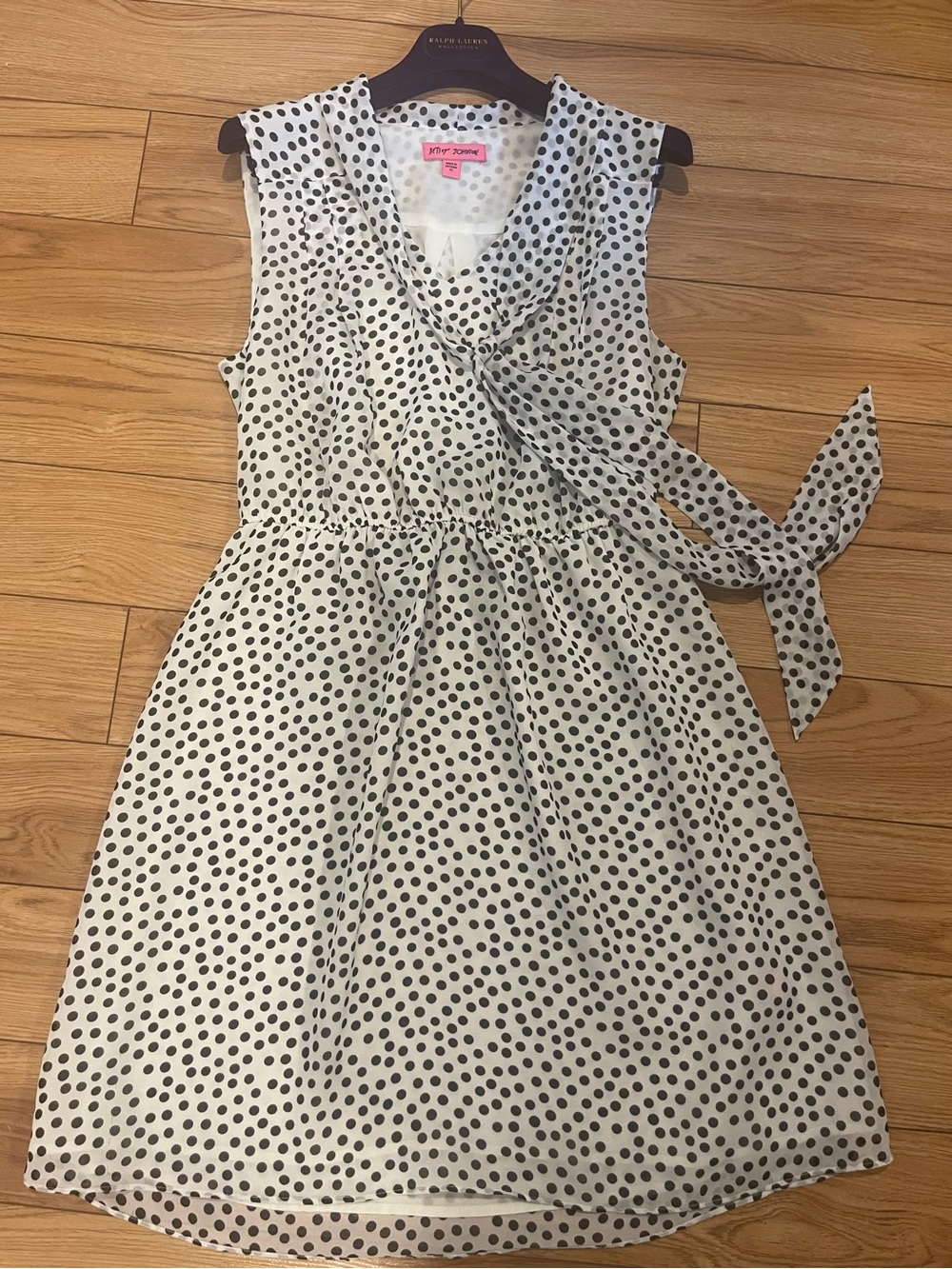 Betsey Johnson dress tie up Vneckline Black and White Polka Dot Midi Dress sz 10
